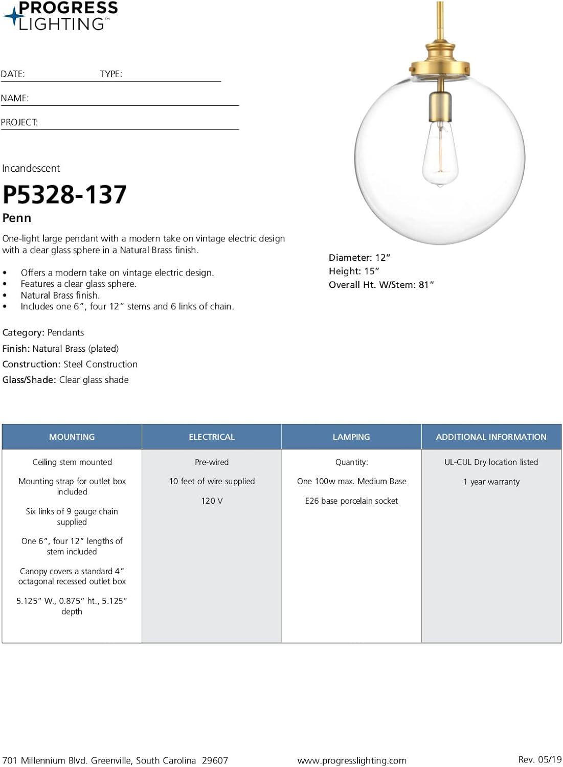 image:imageProgress Lighting 1Light Clear Glass Farmhouse Pendant Light Penn Collection Indoor P5328104 Polished NickelBrass