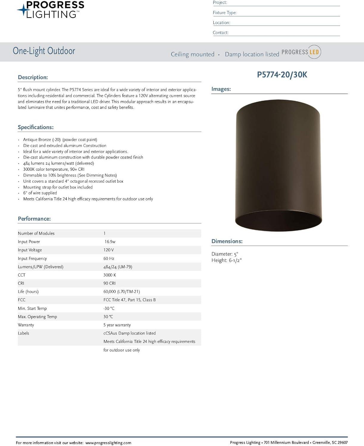 image:imageProgress Lighting 5Inch Cylinder LED Outdoor Ceiling Light 1Light Modern Flush Mount Ceiling Light Fixture Interior and Exterior Lighting for Home or Porch Aluminum Black P57743130KAntique Bronze