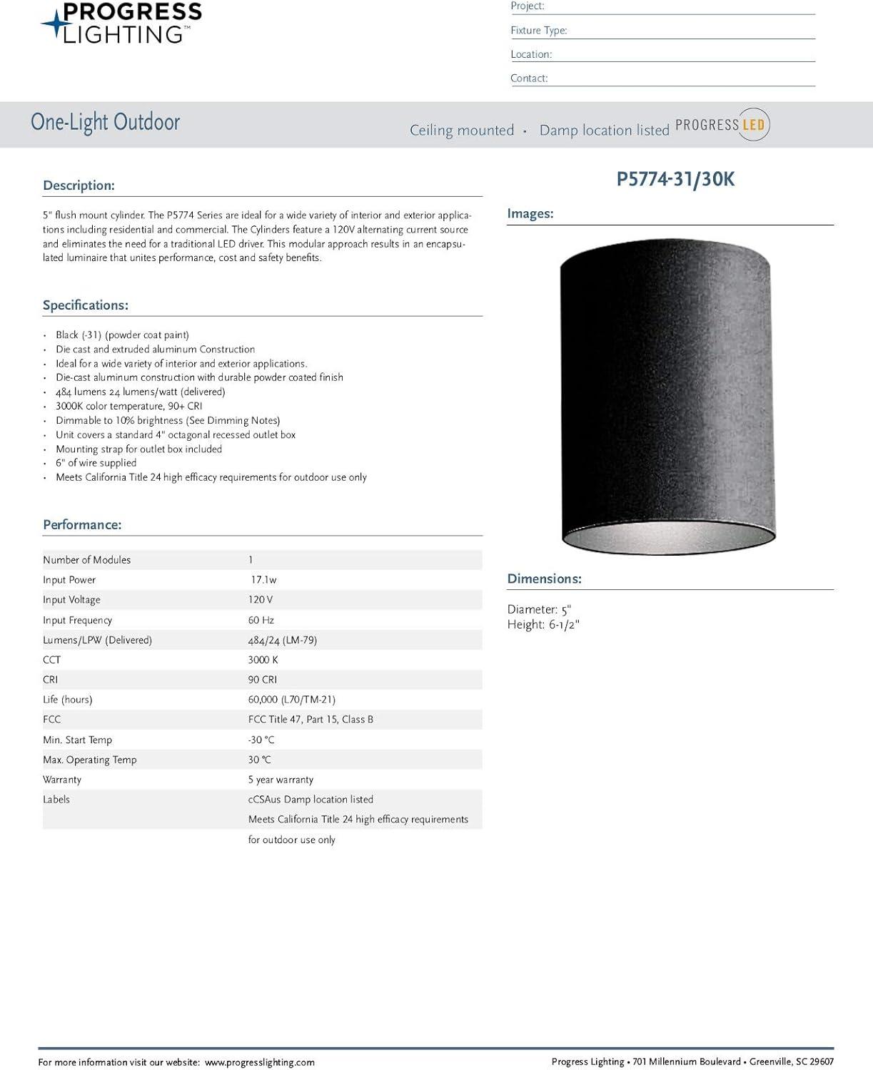 image:imageProgress Lighting 5Inch Cylinder LED Outdoor Ceiling Light 1Light Modern Flush Mount Ceiling Light Fixture Interior and Exterior Lighting for Home or Porch Aluminum Black P57743130KBlack