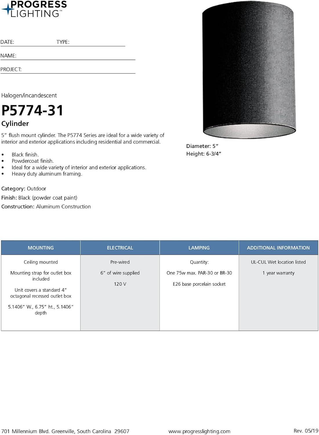 image:imageProgress Lighting 5Inch Cylinder Outdoor Ceiling Light 1Light Modern Flush Mount Ceiling Fixture Interior and Exterior Lighting for Home or Porch Aluminum Construction White P577430Black