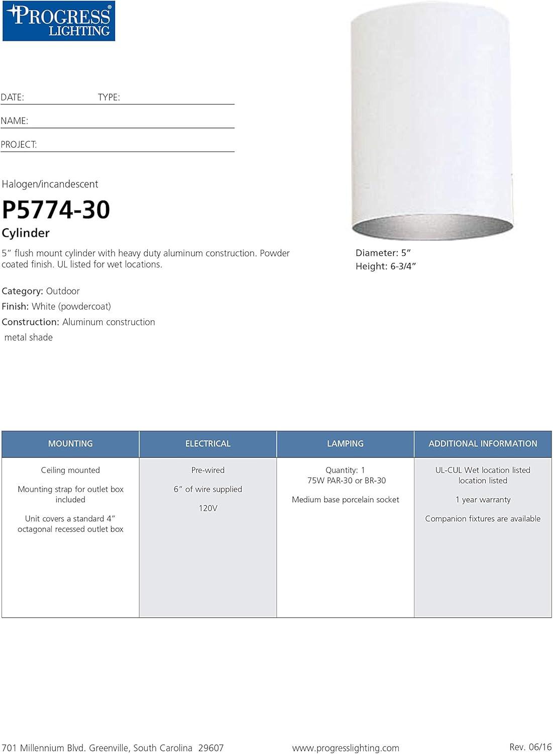 image:imageProgress Lighting 5Inch Cylinder Outdoor Ceiling Light 1Light Modern Flush Mount Ceiling Fixture Interior and Exterior Lighting for Home or Porch Aluminum Construction White P577430White