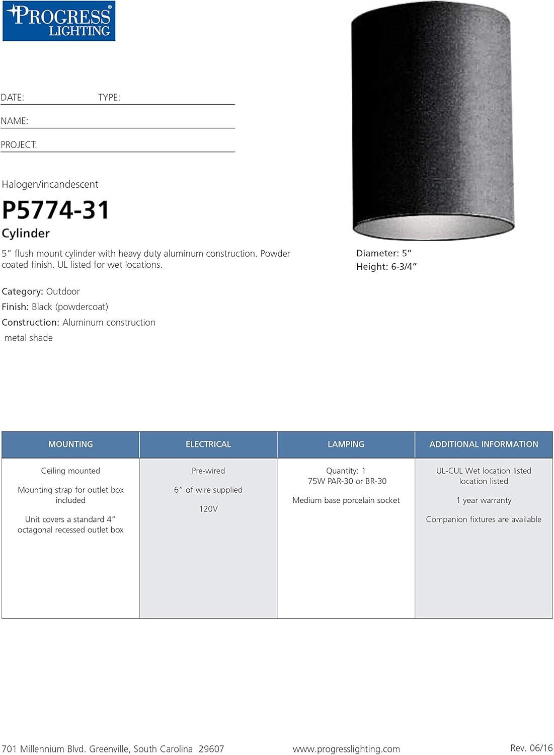 image:imageProgress Lighting 5Inch Cylinder Outdoor Ceiling Light 1Light Modern Flush Mount Ceiling Fixture Interior and Exterior Lighting for Home or Porch Aluminum Construction White P577430Black
