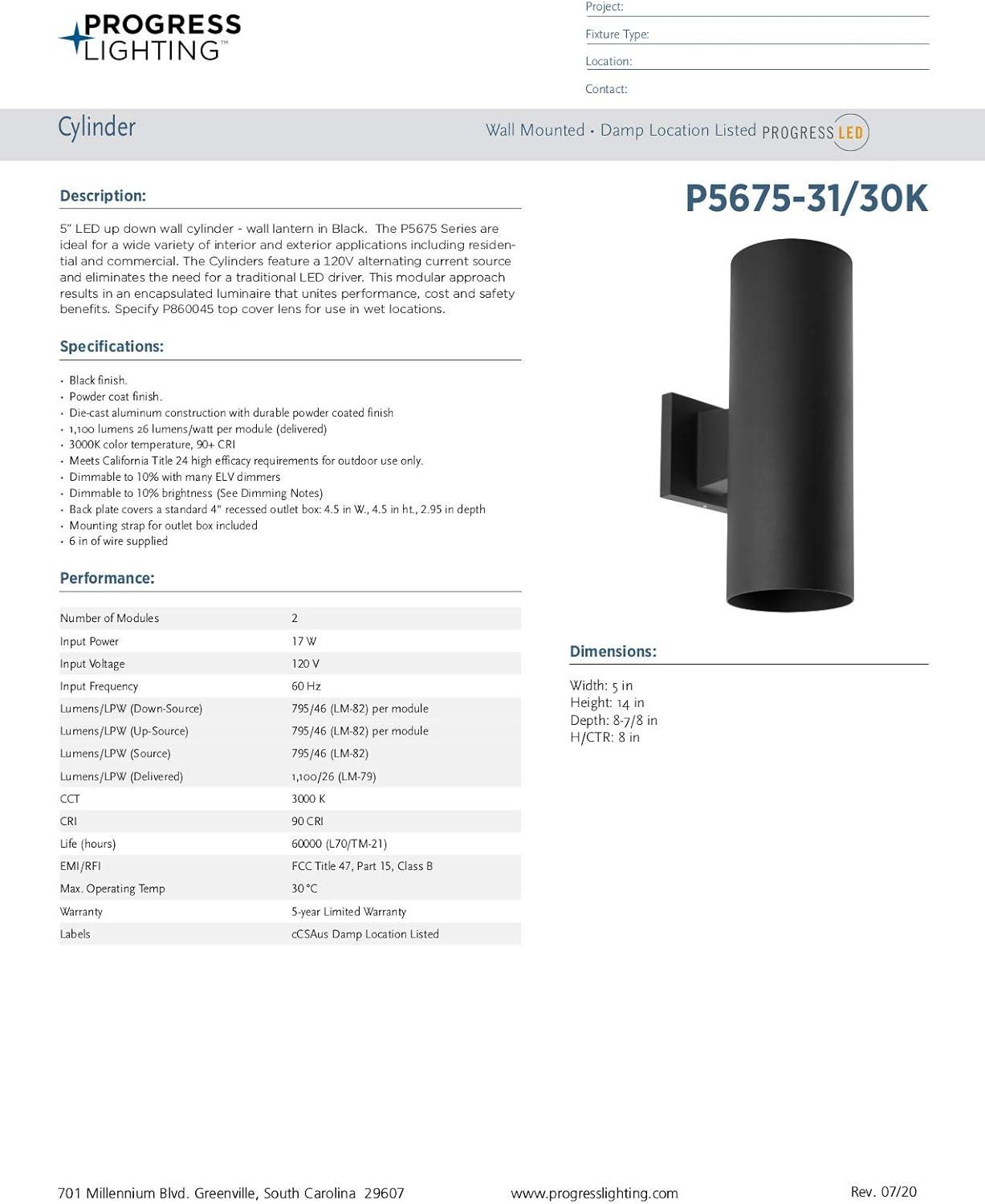 image:imageProgress Lighting 5Inch Cylinder Outdoor LED Wall Sconce 2Light Modern Wall Mount LED Up and Down Lights Interior and Exterior Lighting for Home or Porch Aluminum Black P56753130K