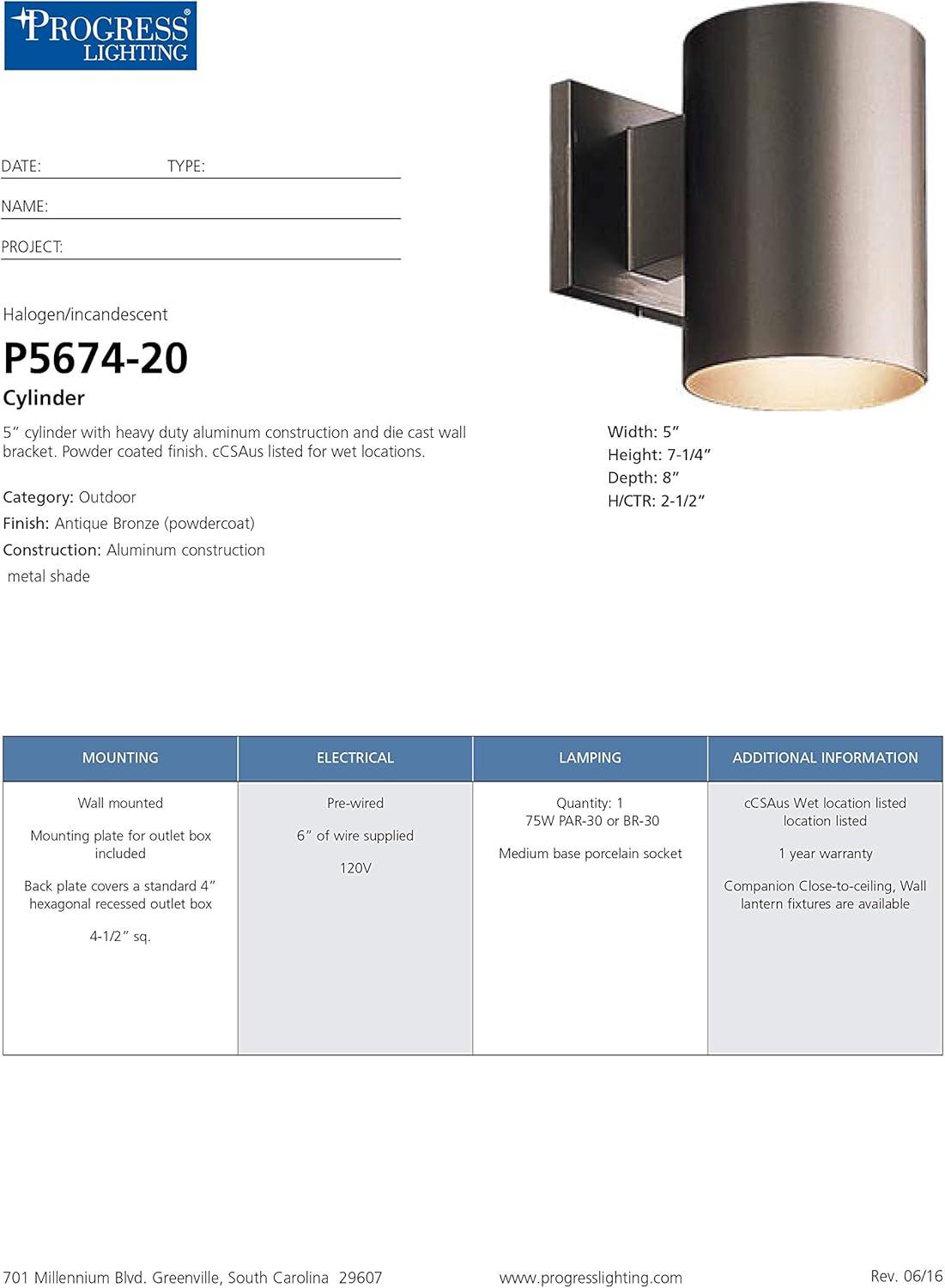 image:imageProgress Lighting 5Inch Cylinder Outdoor Wall Sconce 1Light Modern Wall Mount Light Interior and Exterior Lighting for Home or Porch Aluminum Construction Antique Bronze P567420Antique Bronze