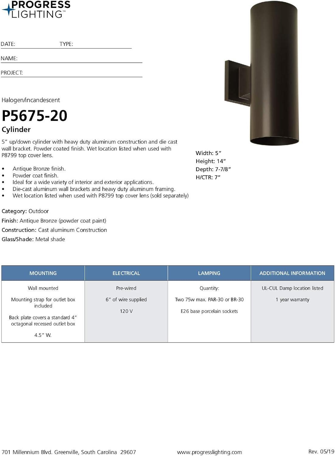 image:imageProgress Lighting 5Inch Cylinder Outdoor Wall Sconce 1Light Modern Wall Mount Light Interior and Exterior Lighting for Home or Porch Aluminum Construction Antique Bronze P567420Antique Bronze