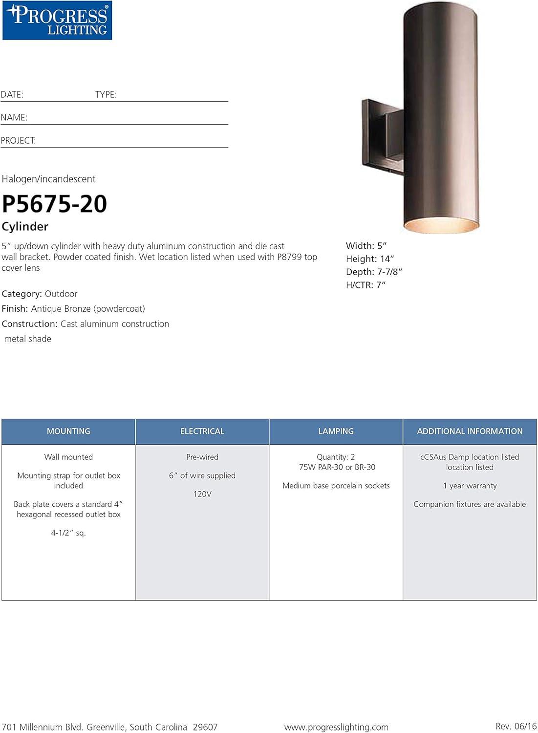image:imageProgress Lighting 5Inch Cylinder Outdoor Wall Sconce 1Light Modern Wall Mount Light Interior and Exterior Lighting for Home or Porch Aluminum Construction Antique Bronze P567420Antique Bronze
