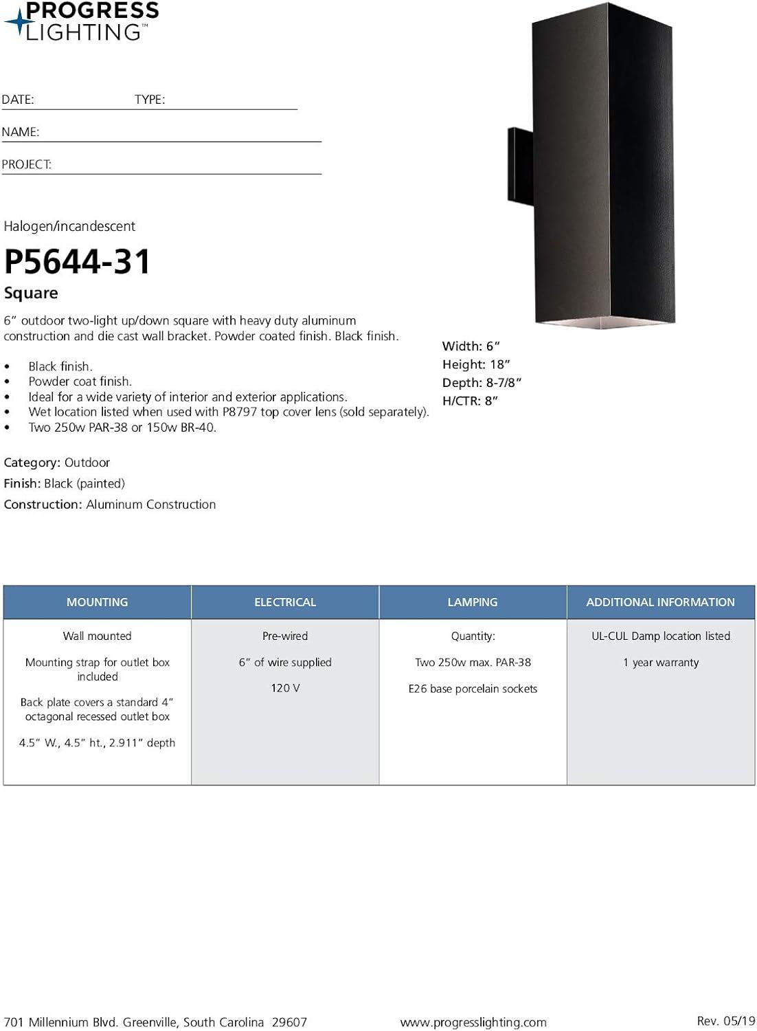 image:imageProgress Lighting 6Inch Aluminum Outdoor UpDown Wall Lantern Light Square Collection Matte Black P564431Black