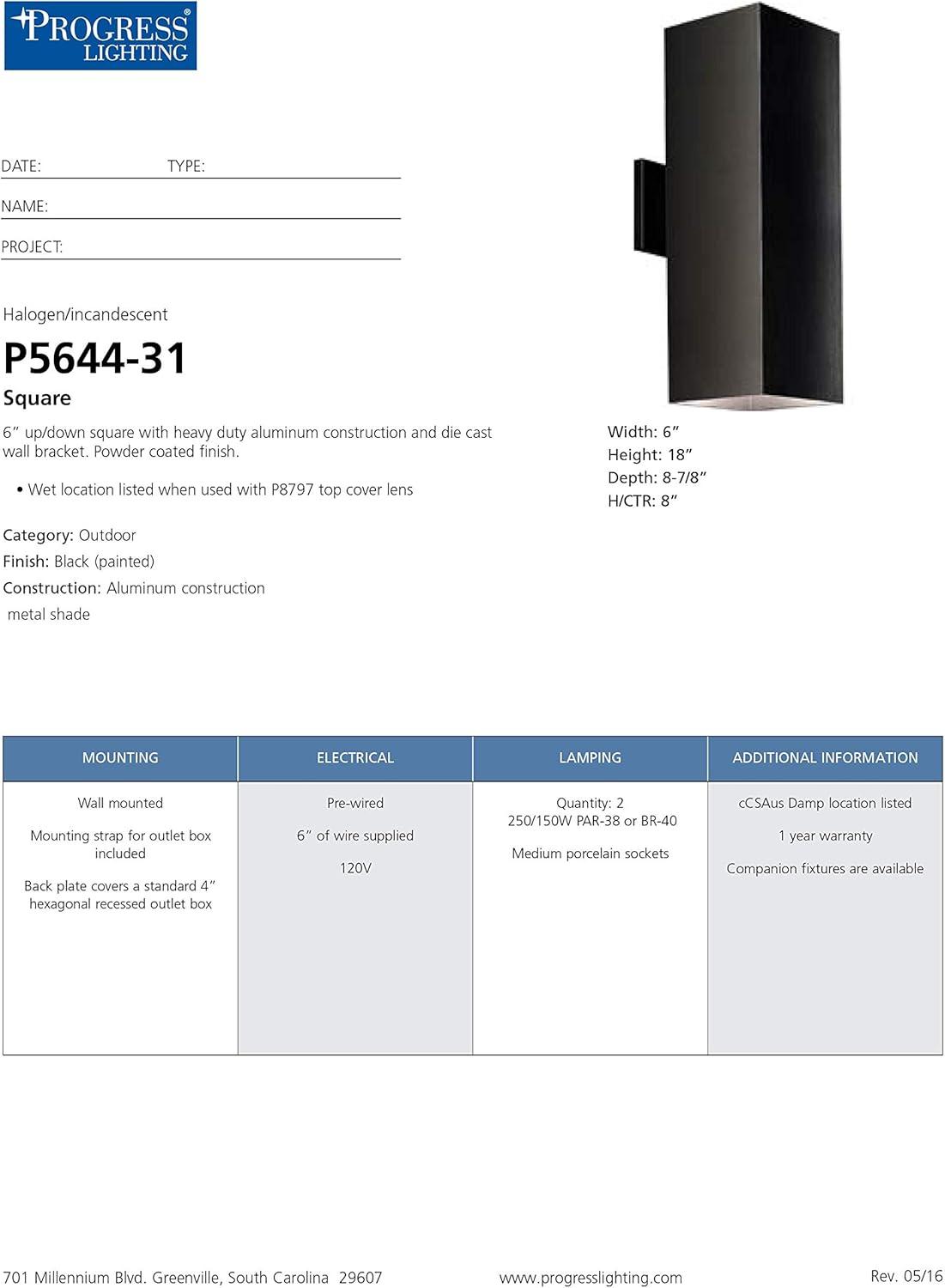image:imageProgress Lighting 6Inch Aluminum Outdoor UpDown Wall Lantern Light Square Collection Matte Black P564431Black