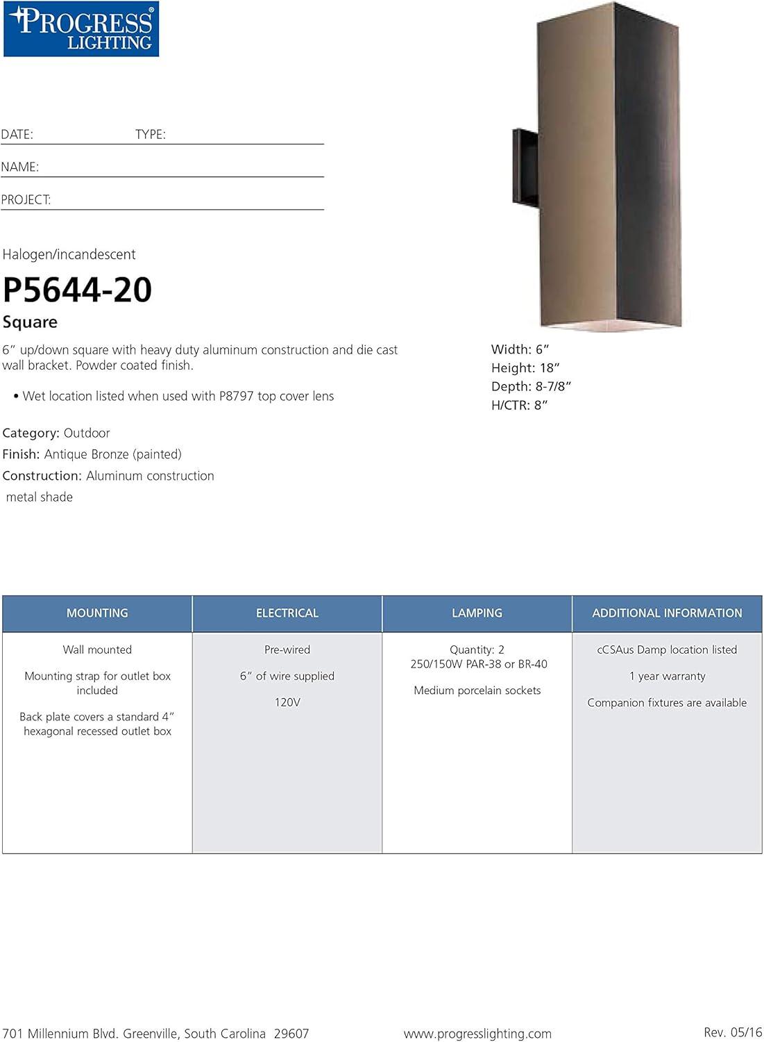 image:imageProgress Lighting 6Inch Aluminum Outdoor UpDown Wall Lantern Light Square Collection Matte Black P564431Bronze