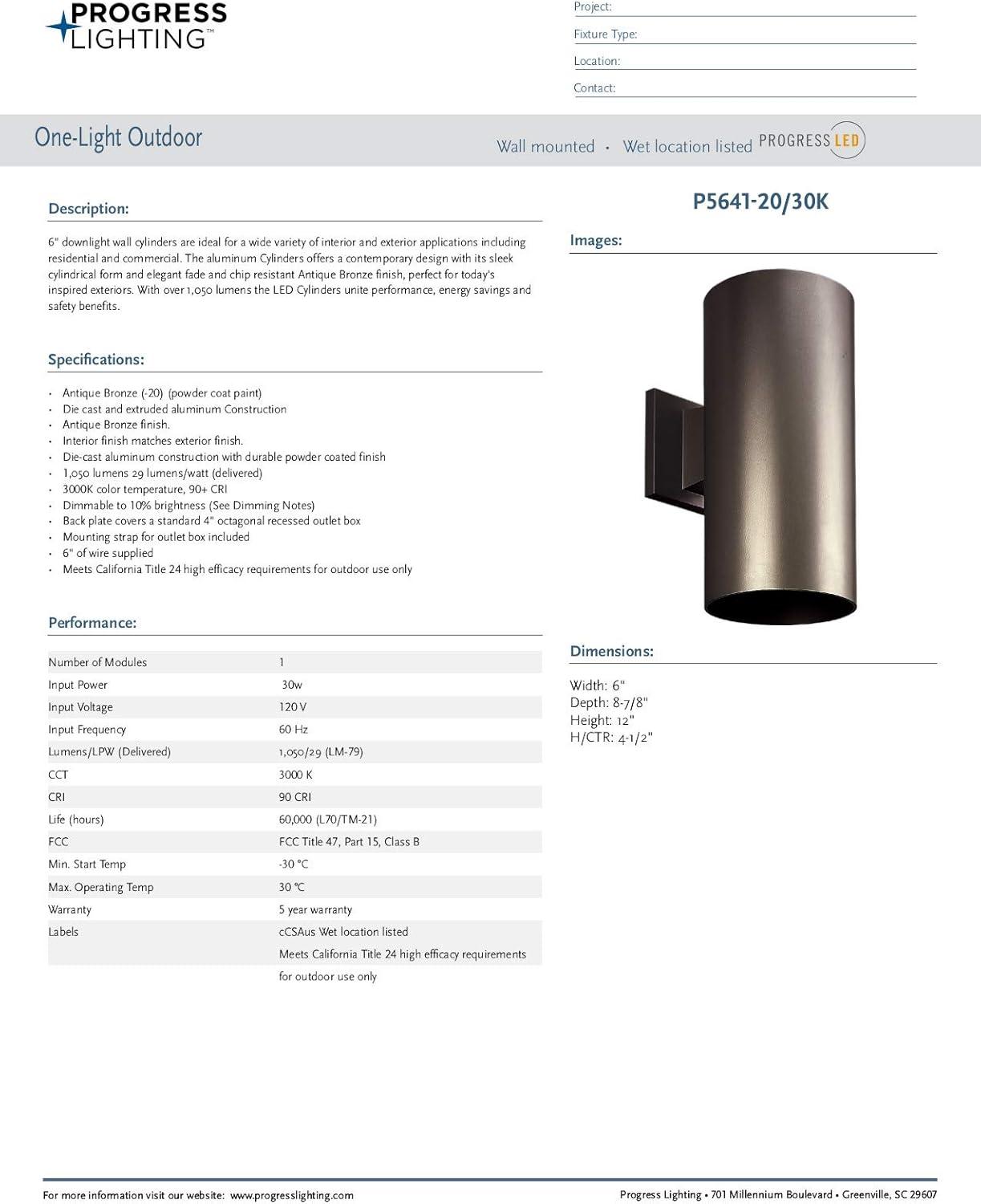 image:imageProgress Lighting 6Inch Cylinder Outdoor LED Wall Sconce 1Light Modern Wall Mount LED Light Interior and Exterior Lighting for Home or Porch Aluminum Black P56413130KBronze
