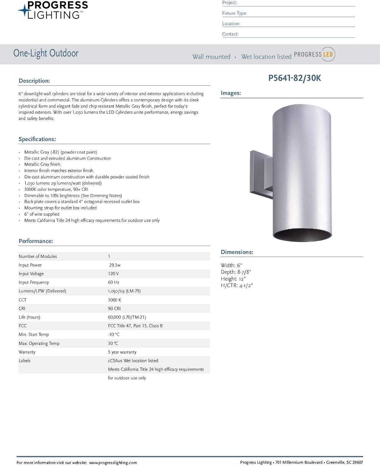 image:imageProgress Lighting 6Inch Cylinder Outdoor LED Wall Sconce 1Light Modern Wall Mount LED Light Interior and Exterior Lighting for Home or Porch Aluminum Black P56413130KMetallic Gray