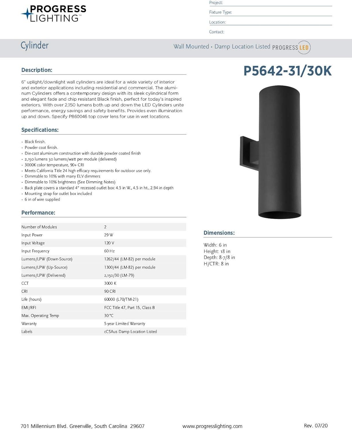 image:imageProgress Lighting 6Inch Cylinder Outdoor LED Wall Sconce 2Light Modern Wall Mount LED Up and Down Lights Interior and Exterior Lighting for Home or Porch Aluminum Black P56423130K