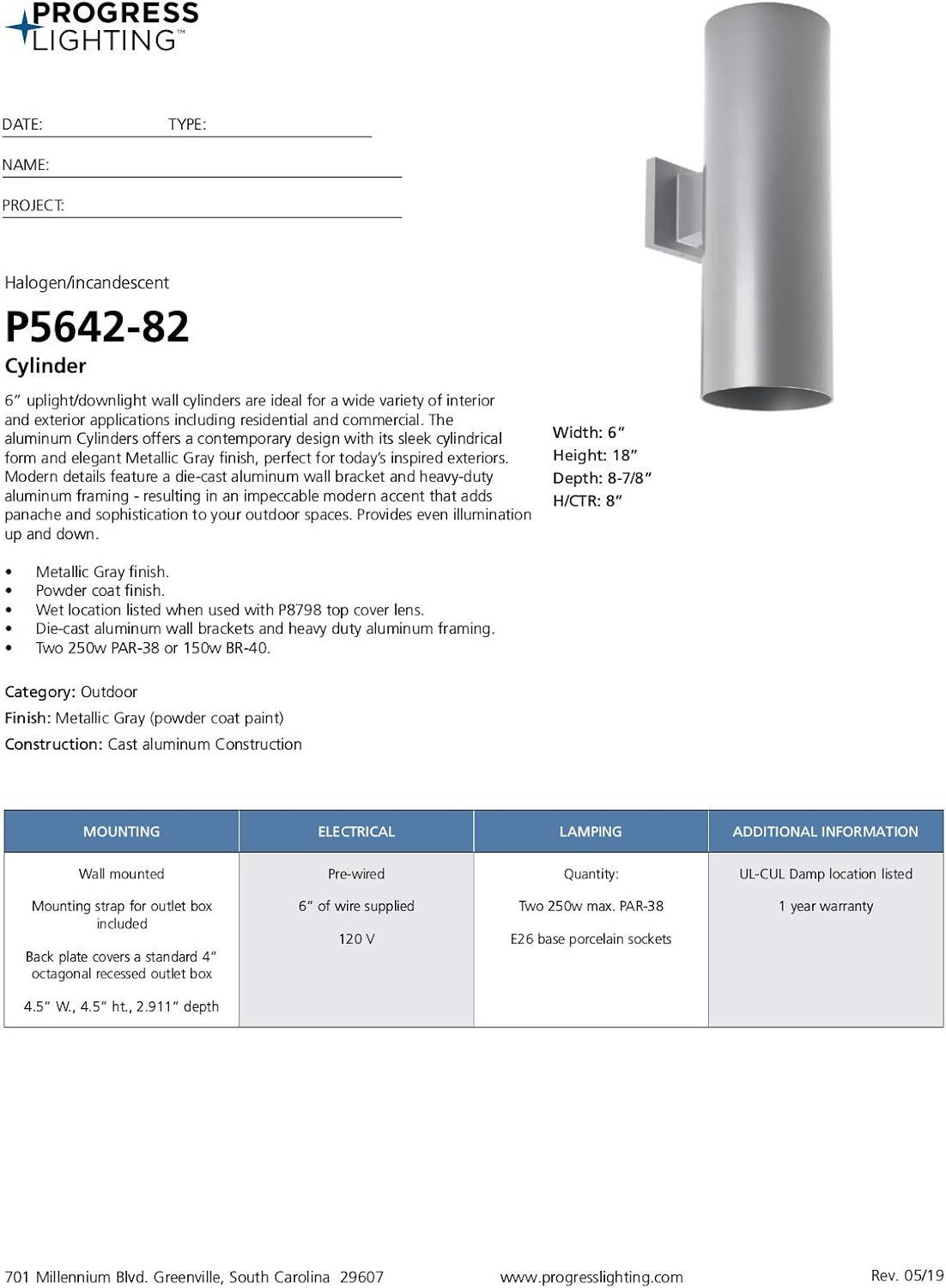 image:imageProgress Lighting 6Inch Cylinder Outdoor Wall Sconce 2Light Modern Wall Mount Up and Down Lights Interior and Exterior Lighting for Home or Porch Aluminum Construction Metallic Gray P564282Gray