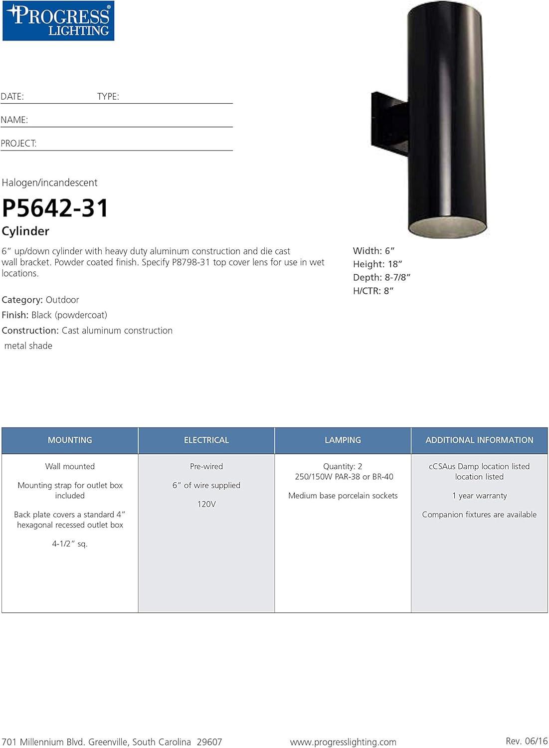 image:imageProgress Lighting 6Inch Cylinder Outdoor Wall Sconce 2Light Modern Wall Mount Up and Down Lights Interior and Exterior Lighting for Home or Porch Aluminum Construction Metallic Gray P564282Black