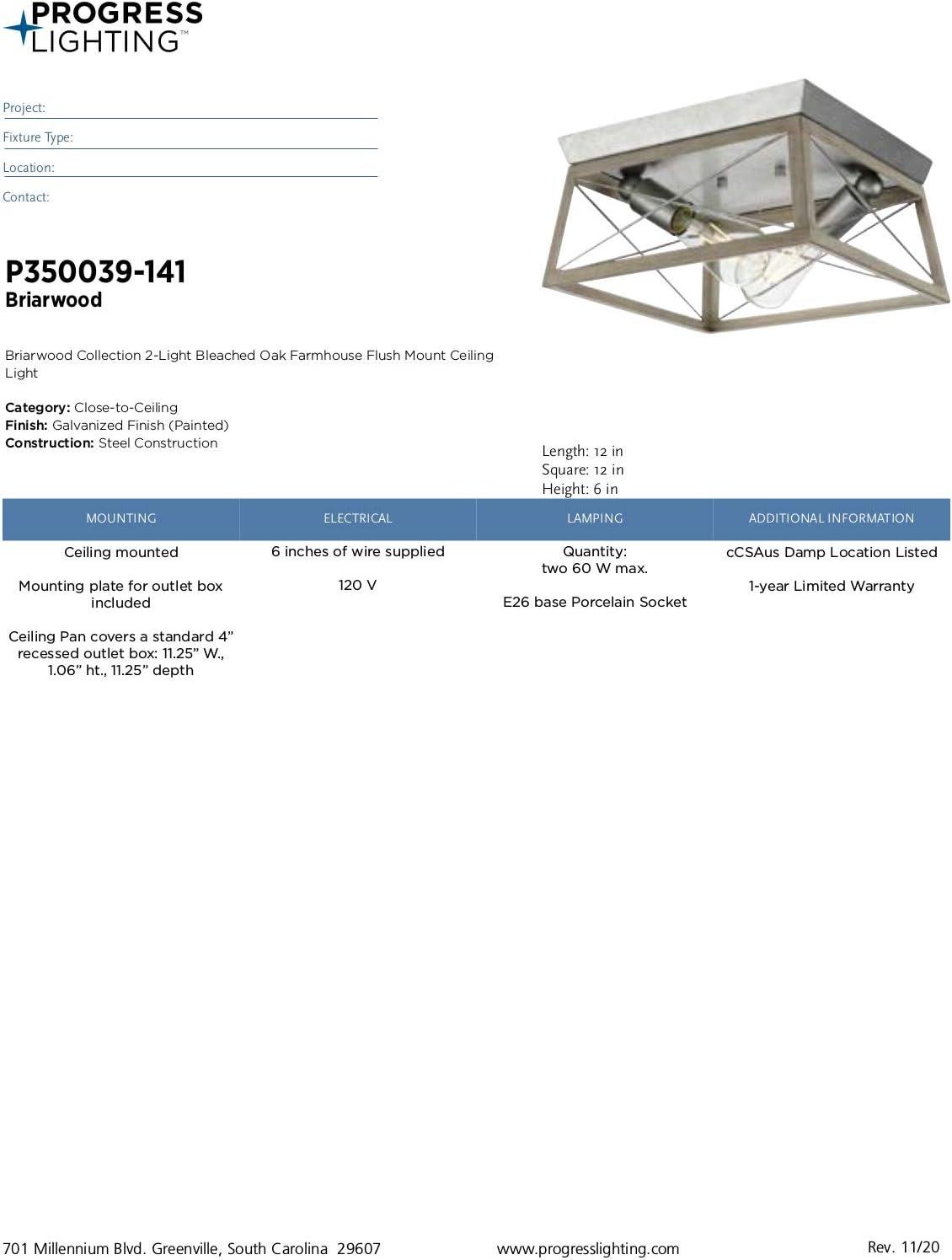 image:imageProgress Lighting Briarwood Collection 2Light Ceiling Light Flush Mount Ceiling Light Fixture for Interior Kitchen Lights Hallway Bedroom Living Room 12Inch by 6Inch Galvanized FinishGalvanized Finish