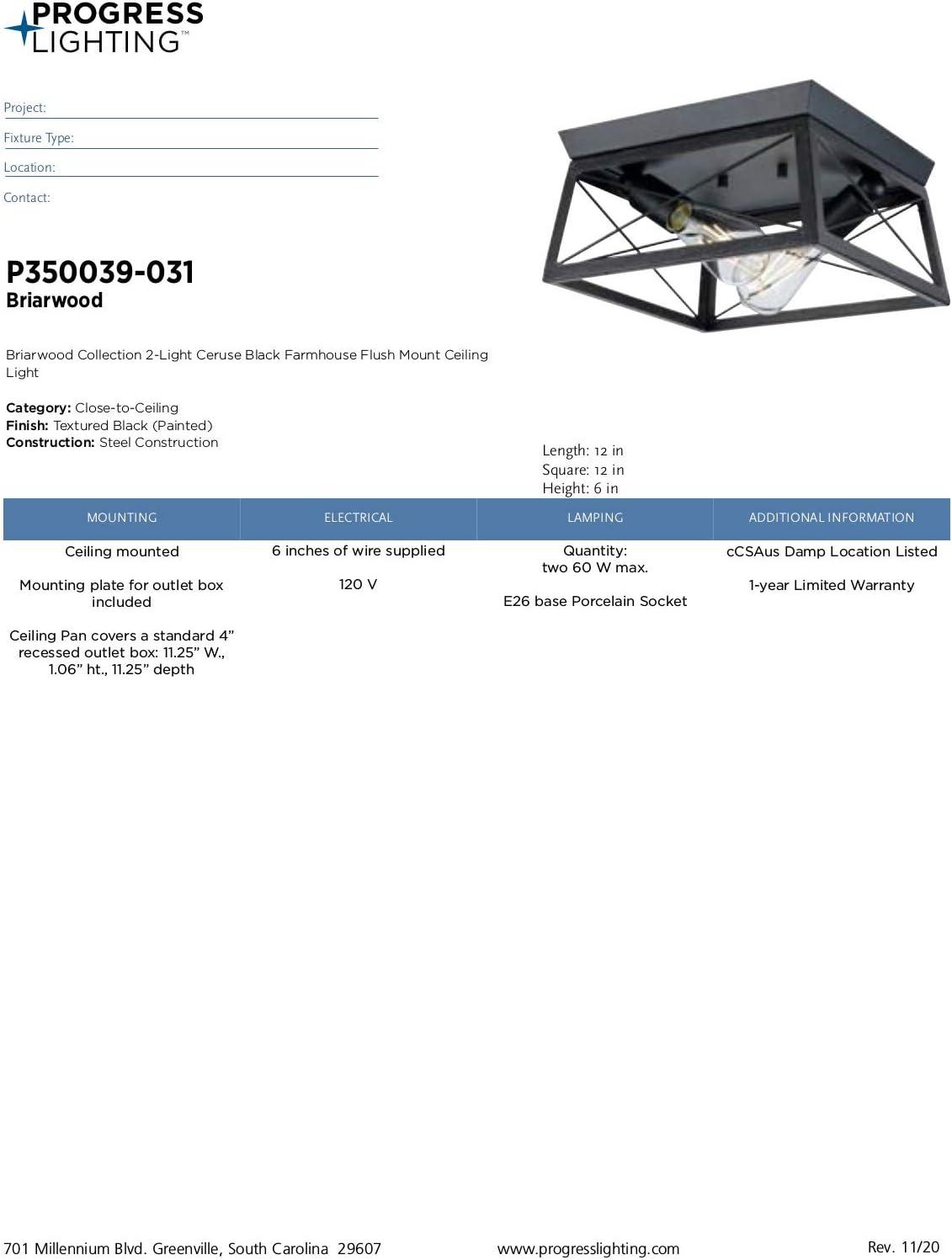 image:imageProgress Lighting Briarwood Collection 2Light Ceiling Light Flush Mount Ceiling Light Fixture for Interior Kitchen Lights Hallway Bedroom Living Room 12Inch by 6Inch Galvanized FinishTextured Black
