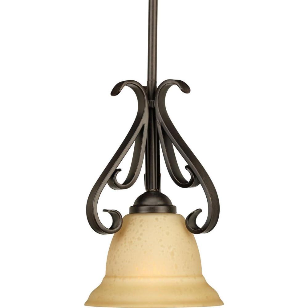 image:imageProgress Lighting 1Light MiniPendant Light Fixture BellShaped TeaColored Shade Torino Collection Forged Bronze P515377Forged Bronze