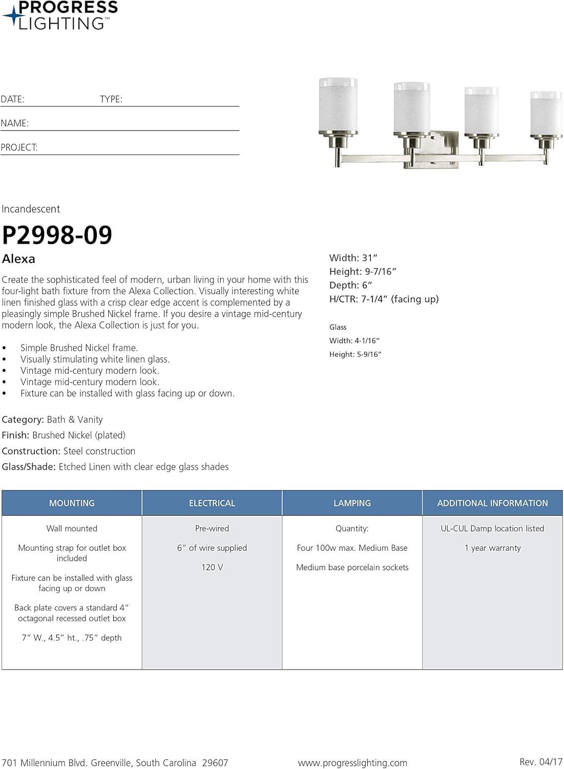 image:imageProgress Lighting Alexa Collection 4Light Etched Opal Glass Modern Bath Vanity Light Brushed NickelBrushed Nickel