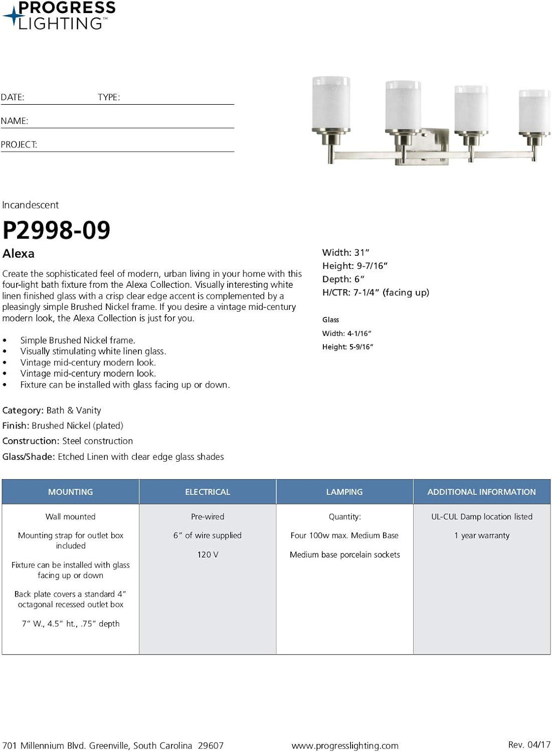 image:imageProgress Lighting Alexa Collection 4Light Etched Opal Glass Modern Bath Vanity Light Brushed NickelBrushed Nickel
