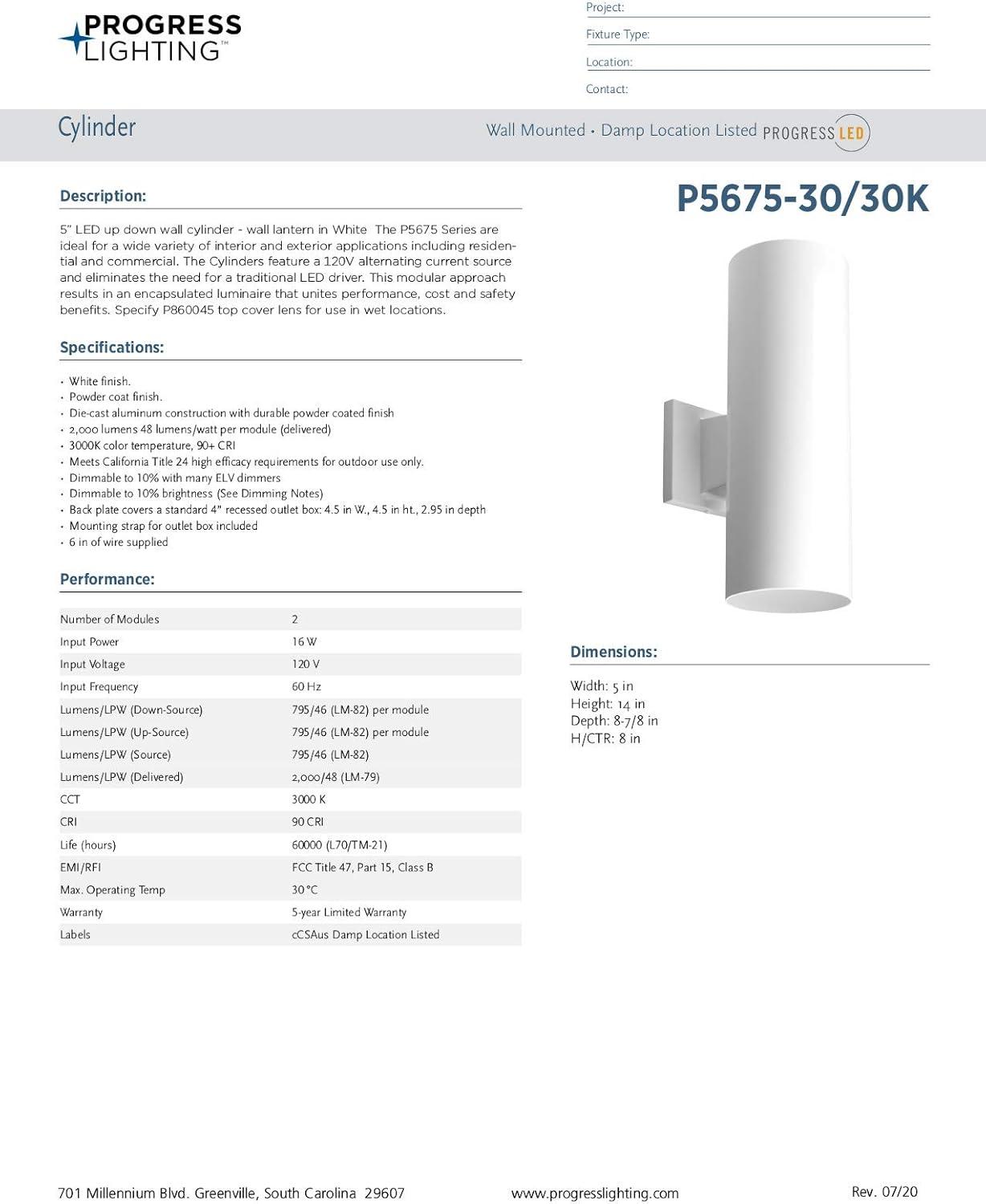 image:imageProgress Lighting 5Inch Cylinder Outdoor LED Wall Sconce 2Light Modern Wall Mount LED Up and Down Lights Interior and Exterior Lighting for Home or Porch Aluminum White P56753030K