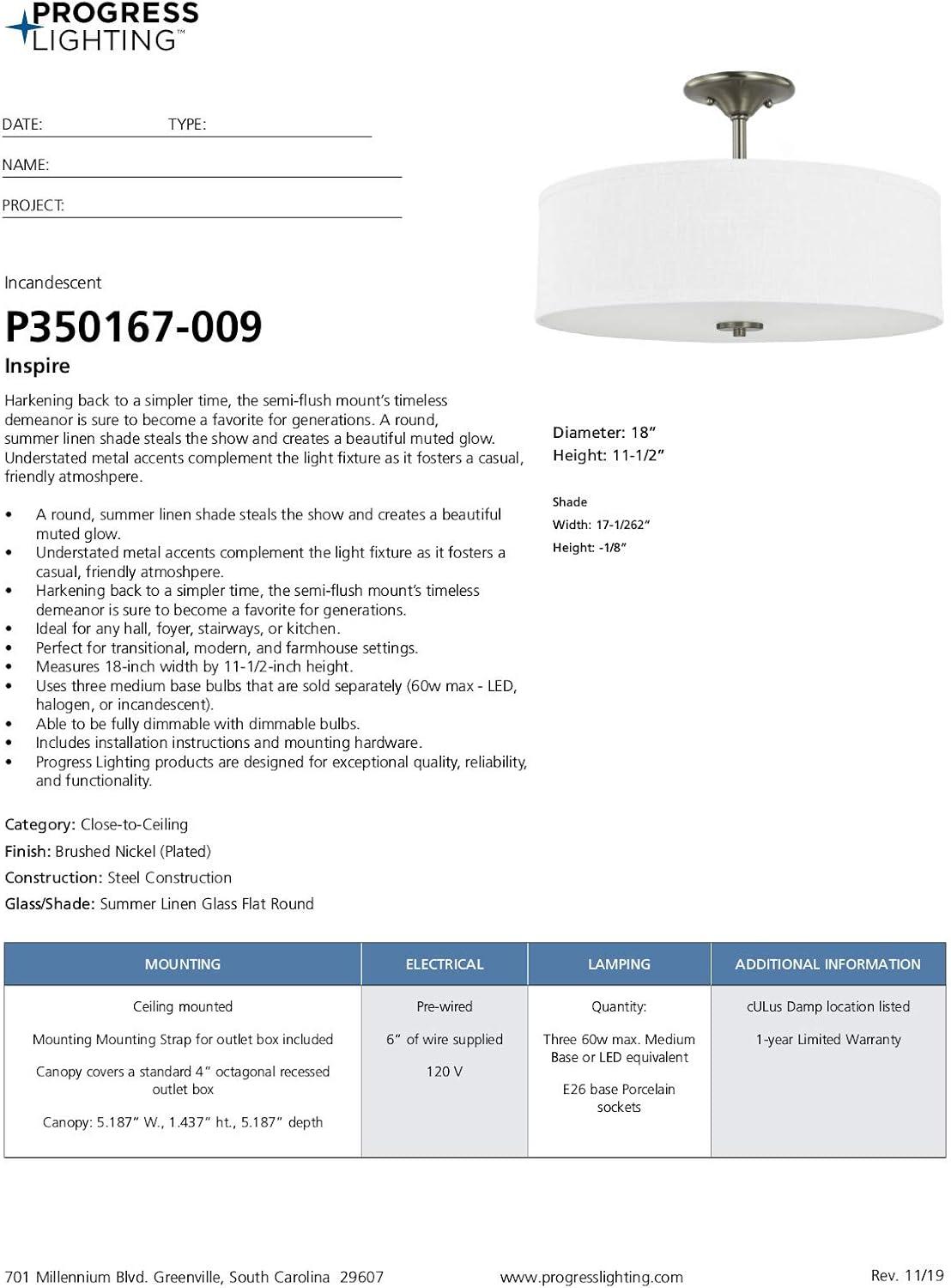 image:imageProgress Lighting Inspire Collection 3Light Ceiling Light Semi Flush Mount Ceiling Light Fixture with Summer Linen Light Shade for Interior Kitchen Lights Hallway 18 by 115 Satin BrassBrushed Nickel with Summer Linen Shade