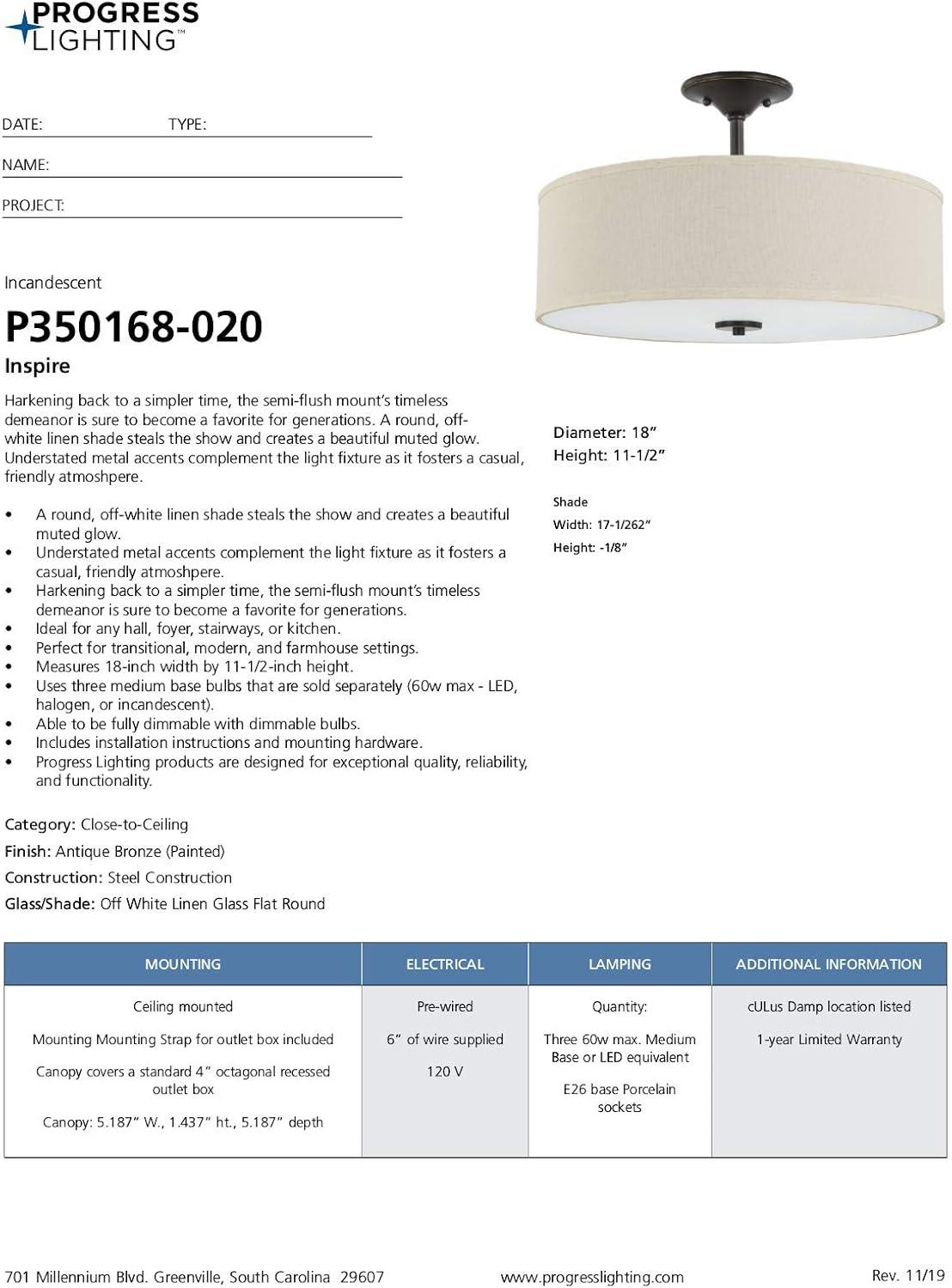 image:imageProgress Lighting Inspire Collection 3Light Ceiling Light Semi Flush Mount Ceiling Light Fixture with Summer Linen Light Shade for Interior Kitchen Lights Hallway 18 by 115 Satin BrassAntique Bronze with OffWhite Linen Shade