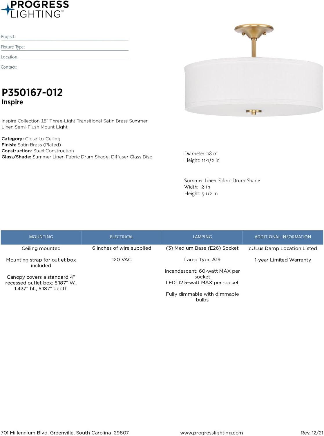 image:imageProgress Lighting Inspire Collection 3Light Ceiling Light Semi Flush Mount Ceiling Light Fixture with Summer Linen Light Shade for Interior Kitchen Lights Hallway 18 by 115 Satin BrassSatin Brass with Summer Linen Shade