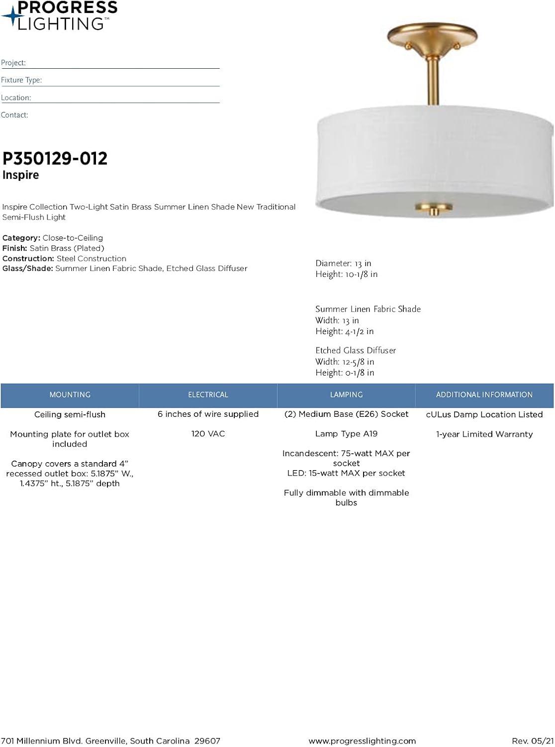 image:imageProgress Lighting Inspire Collection 3Light Ceiling Light Semi Flush Mount Ceiling Light Fixture with Summer Linen Light Shade for Interior Kitchen Lights Hallway 18 by 115 Satin BrassSatin Brass with New Traditional Shade
