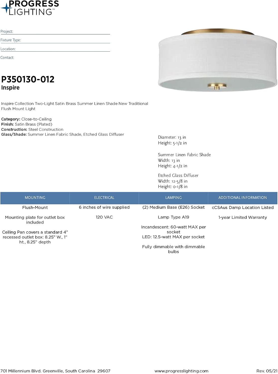 image:imageProgress Lighting Inspire Collection 3Light Ceiling Light Semi Flush Mount Ceiling Light Fixture with Summer Linen Light Shade for Interior Kitchen Lights Hallway 18 by 115 Satin BrassSatin Brass with New Traditional Shade