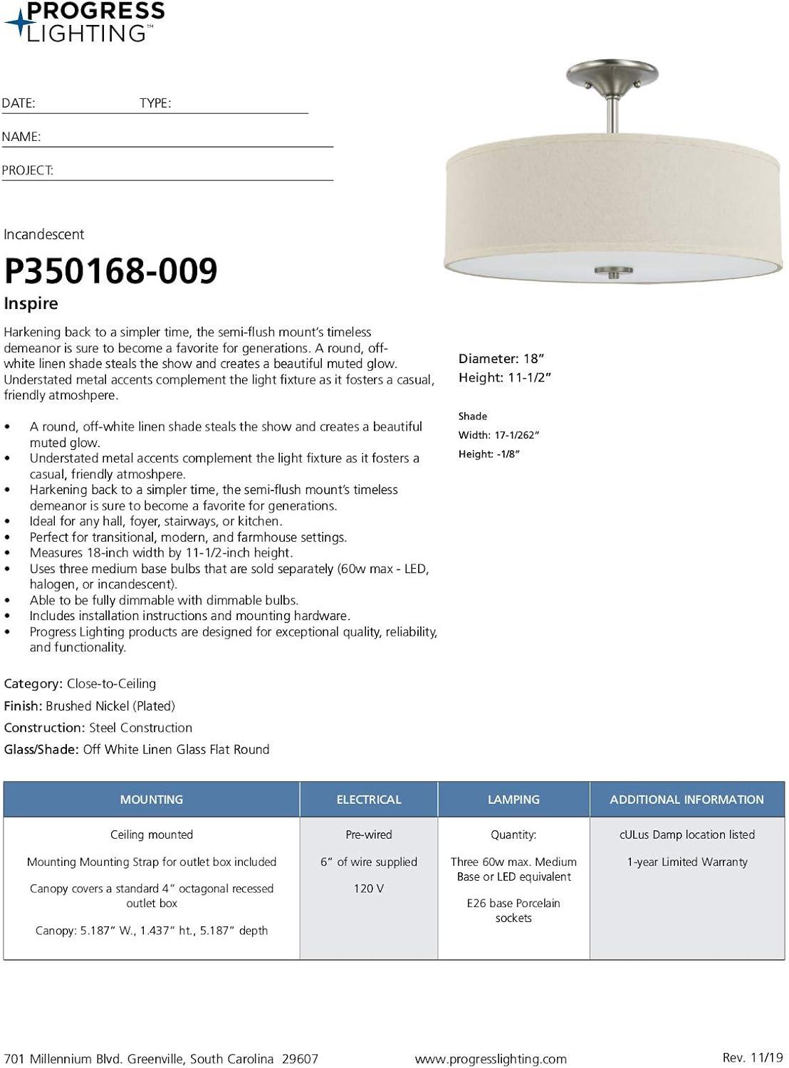 image:imageProgress Lighting Inspire Collection 3Light Ceiling Light Semi Flush Mount Ceiling Light Fixture with Summer Linen Light Shade for Interior Kitchen Lights Hallway 18 by 115 Satin BrassBrushed Nickel with OffWhite Linen Shade