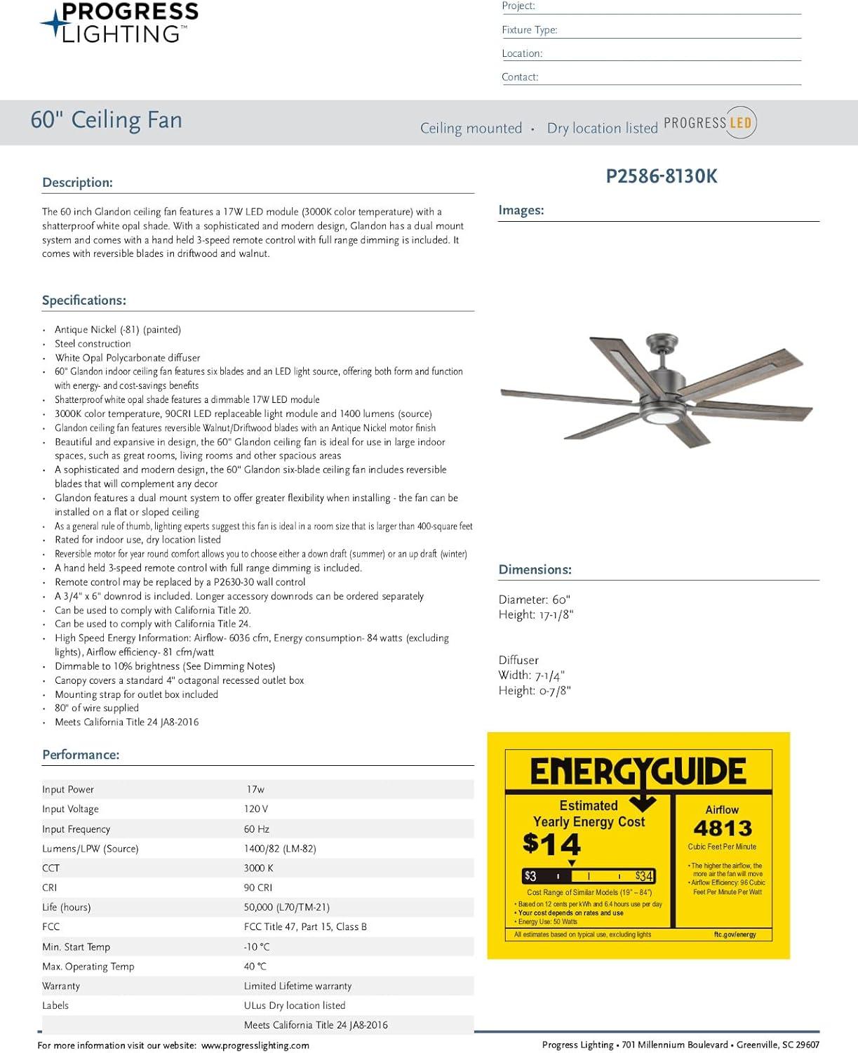 image:imageProgress Lighting P25868130K Protruding Mount 6 WalnutDriftwood Blades Ceiling fan with 17 watts light Antique Nickel
