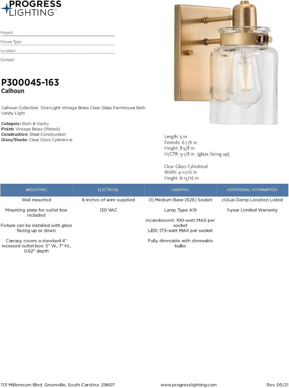 image:imageProgress Lighting P300045163 Calhoun Collection Clear Glass Farmhouse Bath Vanity Light 1 Light Vintage BrassVintage Brass