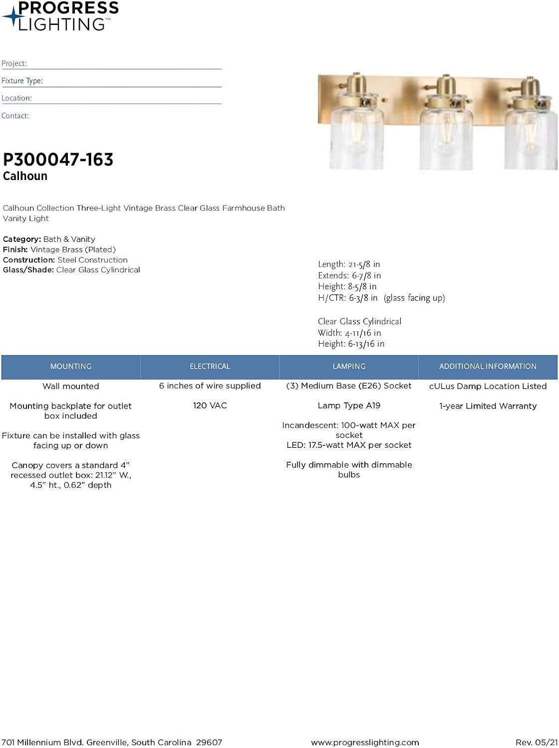 image:imageProgress Lighting P300045163 Calhoun Collection Clear Glass Farmhouse Bath Vanity Light 1 Light Vintage BrassVintage Brass