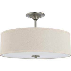 Progress Lighting Inspire Collection 3-Light Ceiling Light, Semi Flush Mount Ceiling Light Fixture with Summer Linen Light Shade for Interior Kitchen Lights, Hallway, 18″ by 11.5″, Satin Brass(Brushed Nickel with Off-White Linen Shade)
