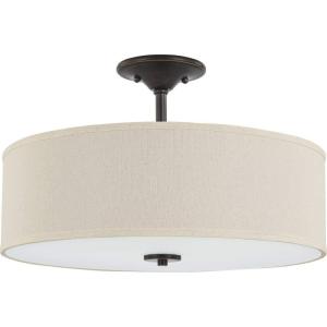 Progress Lighting Inspire Collection 3-Light Ceiling Light, Semi Flush Mount Ceiling Light Fixture with Summer Linen Light Shade for Interior Kitchen Lights, Hallway, 18″ by 11.5″, Satin Brass(Antique Bronze with Off-White Linen Shade)