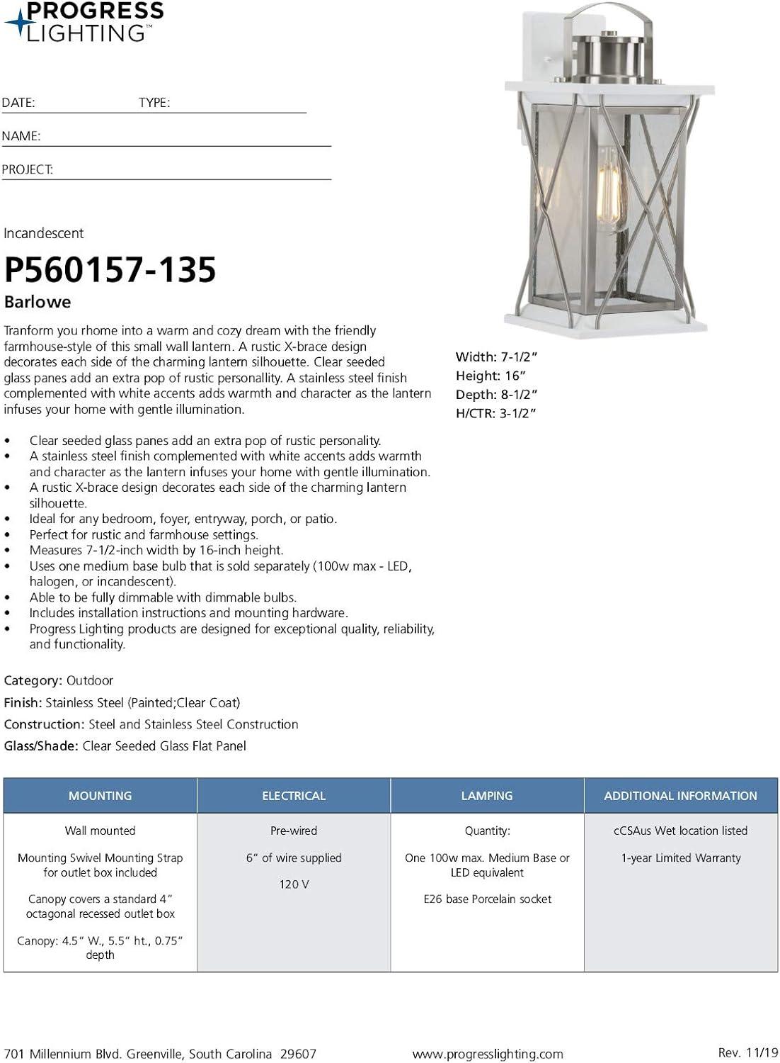image:imageProgress Lighting Barlowe Collection 1Light Clear Seeded Glass Farmhouse Outdoor Medium Wall Lantern Light Stainless Steel