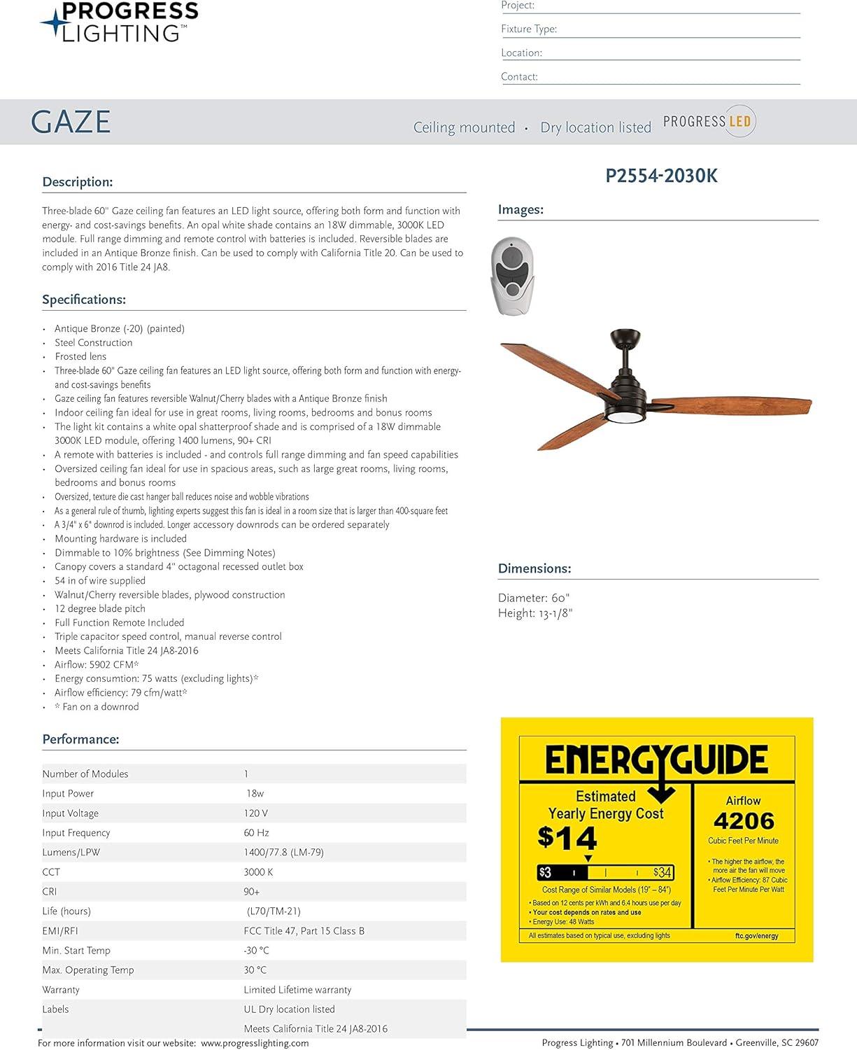 image:imageProgress Lighting Gaze Collection 60 LED ThreeBlade Ceiling FanBronze