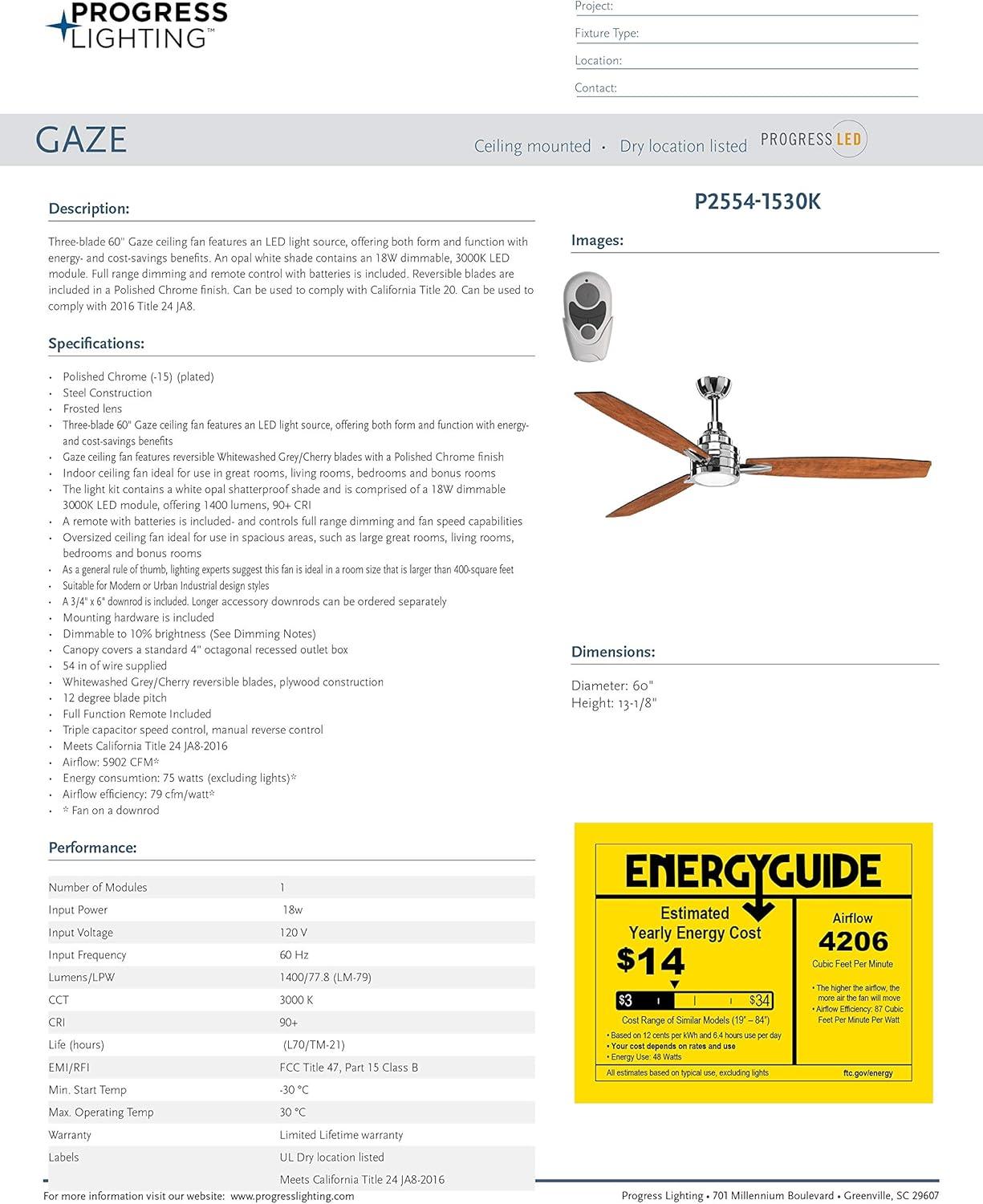 image:imageProgress Lighting Gaze Collection 60 LED ThreeBlade Ceiling FanPolished Chrome