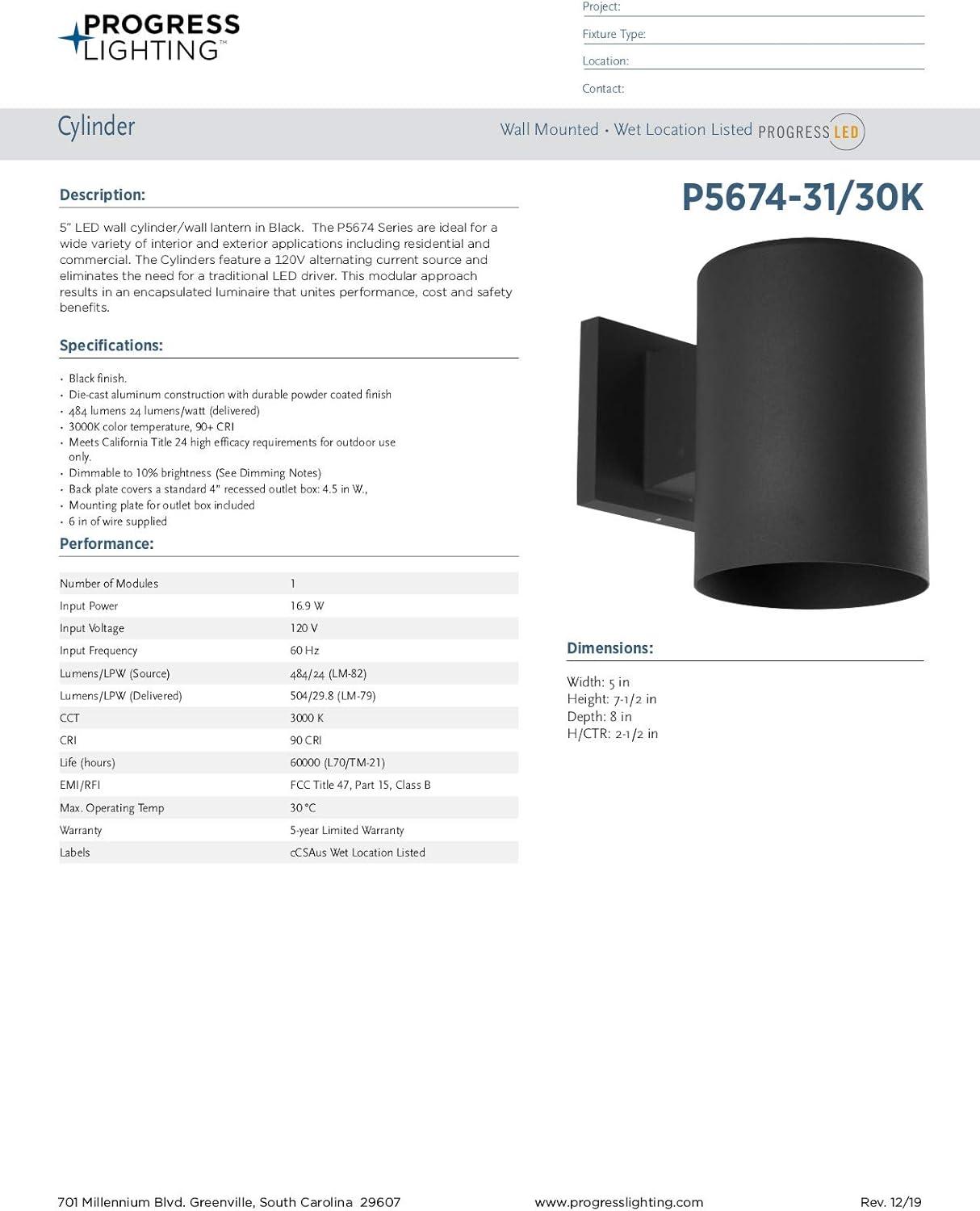 image:imageProgress Lighting 5Inch Cylinder Outdoor LED Wall Sconce 1Light Modern Wall Mount LED Light Interior and Exterior Lighting for Home or Porch Aluminum Black P56743130K
