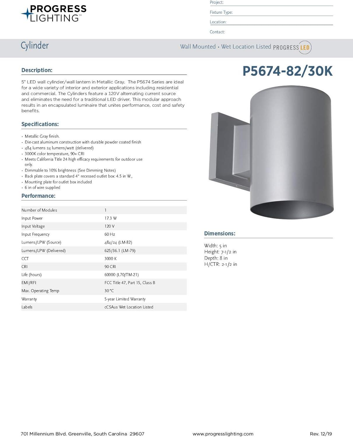 image:imageProgress Lighting 5Inch Cylinder Outdoor LED Wall Sconce 1Light Modern Wall Mount LED Light Interior and Exterior Lighting for Home or Porch Aluminum Metallic Gray P56748230K