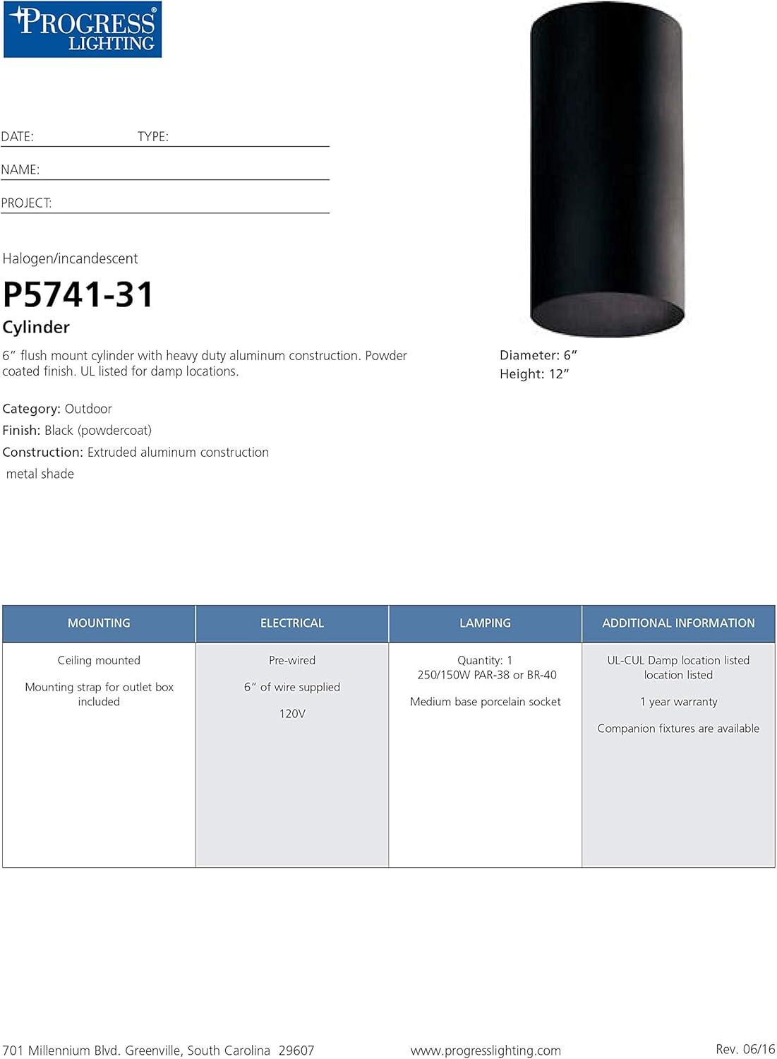 image:imageProgress Lighting 6Inch Cylinder Outdoor Ceiling Light 1Light Modern Flush Mount Ceiling Light Fixture Interior and Exterior Lighting for Home or Porch Aluminum Construction Bronze P574120Black