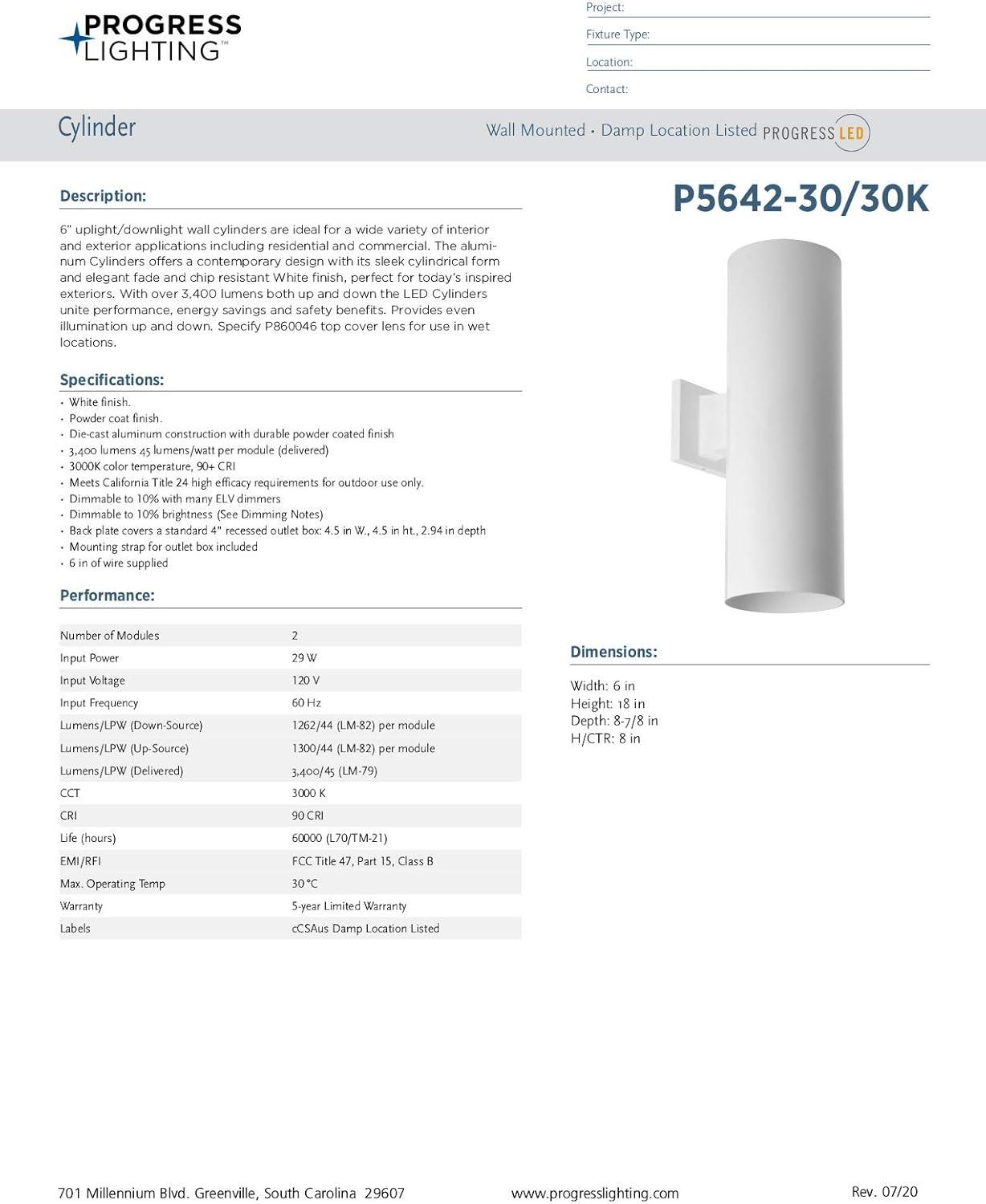 image:imageProgress Lighting 6Inch Cylinder Outdoor LED Wall Sconce 2Light Modern Wall Mount LED Up and Down Lights Interior and Exterior Lighting for Home or Porch Aluminum White P56423030K