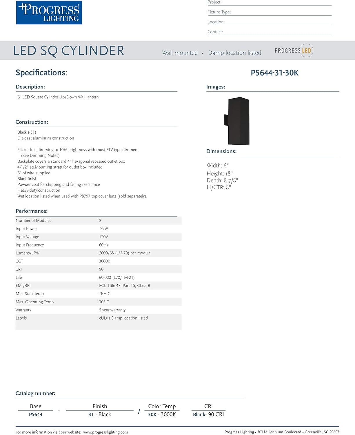 image:imageProgress Lighting 6Inch Square Cylinder Outdoor LED Wall Sconce 2Light Modern Wall Mount LED Up and Down Lights Interior and Exterior Lighting for Home or Porch Aluminum White P56443030KBlack