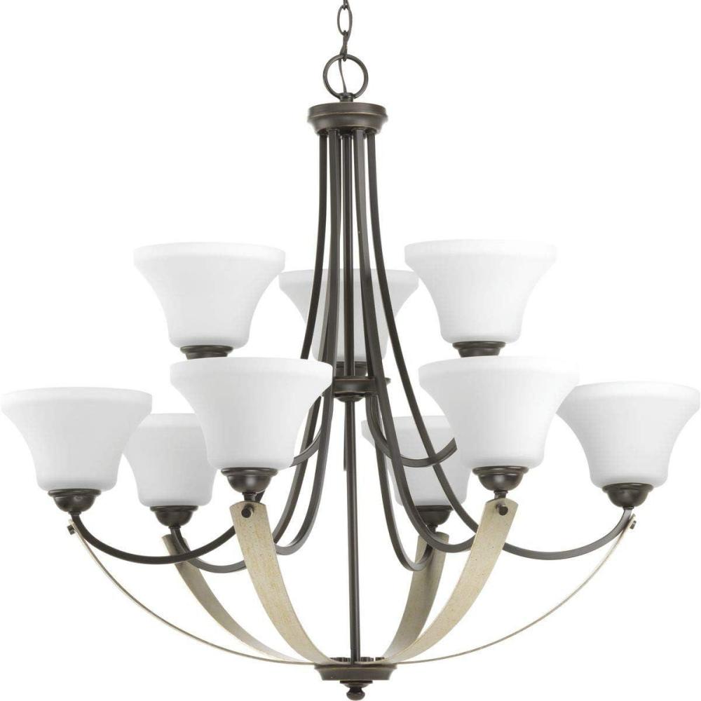 image:imageProgress Lighting Noma Collection 9Light Etched White Glass Luxe Chandelier Light Antique BronzeAntique Bronze
