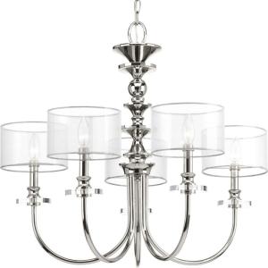 Progress Lighting Marche Collection 5-Light Grey Mylar Shade Luxe Chandelier Light Polished Nickel