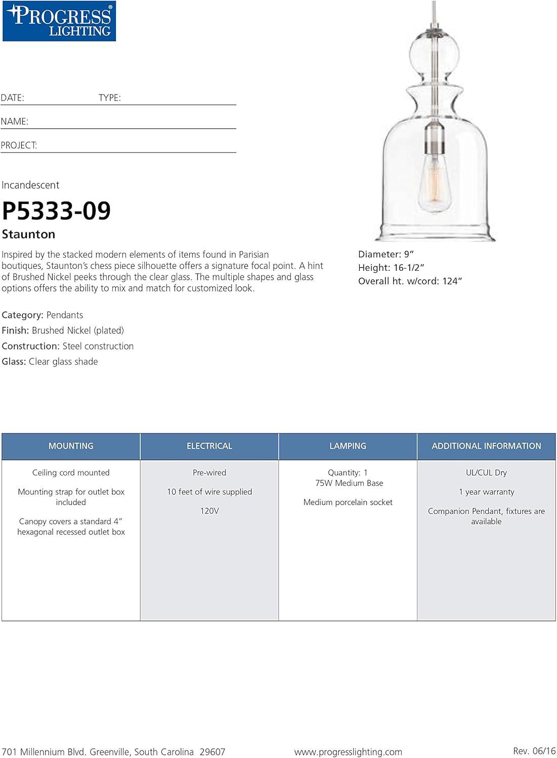 image:imageStaunton Collection 1Light Clear Glass Global Pendant Light Brushed NickelNickel