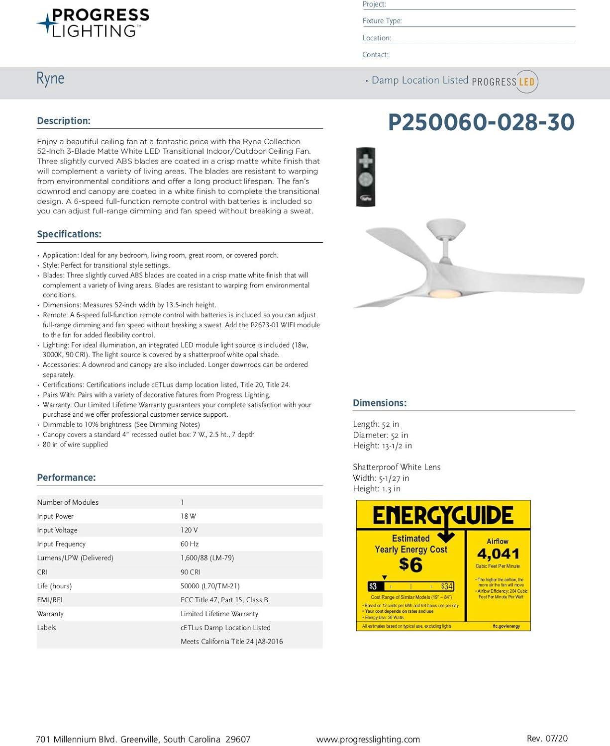 image:imageProgress Lighting Ryne Collection 52Inch 3Blade Woodgrain LED DC Motor Transitional IndoorOutdoor Ceiling Fan BrownWhite