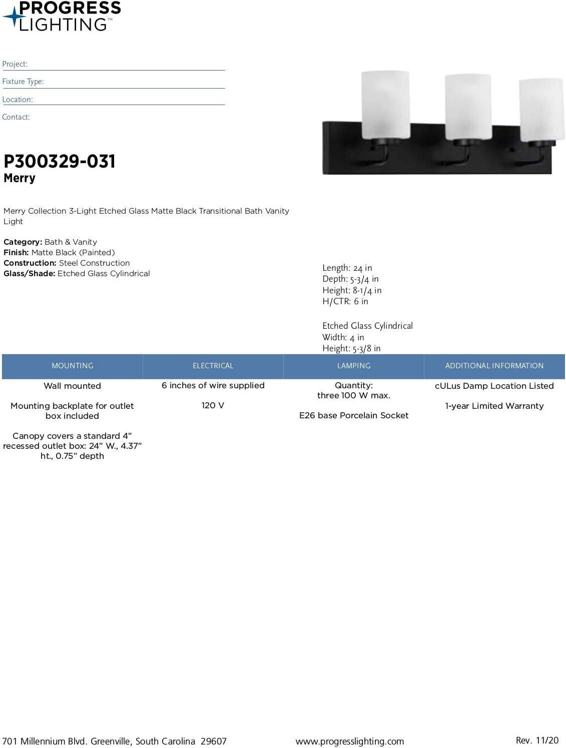 image:imageProgress Lighting Merry Collection 3Light Etched Glass Matte Black Transitional Bath Vanity Light