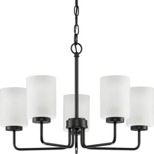 Progress Lighting Merry Collection Five-Light Chandelier, Transitional Hanging Ceiling Light Fixture for Dining Rooms, Foyers, Etched Glass, Matte Black