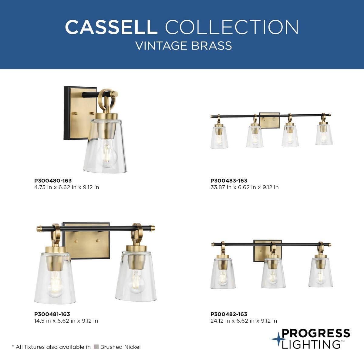 image:imageProgress Lighting Cassell 3387 in 4Light Vintage Brass and Matte Black Vanity Light with Clear Glass Shades for Bathroom